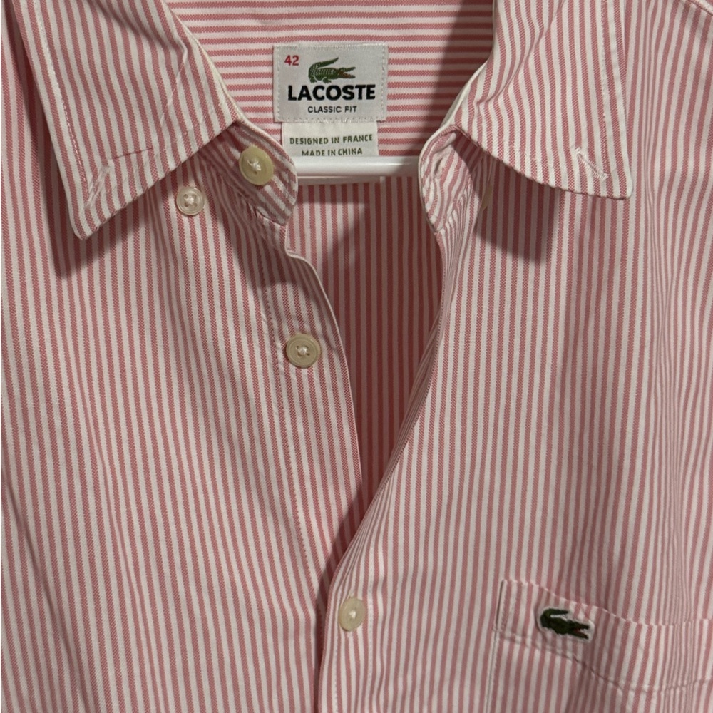 Lacoste Men's Pink and White Striped Button Down Shirt